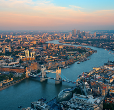 View of central London in the early evening overlooking the River Thames